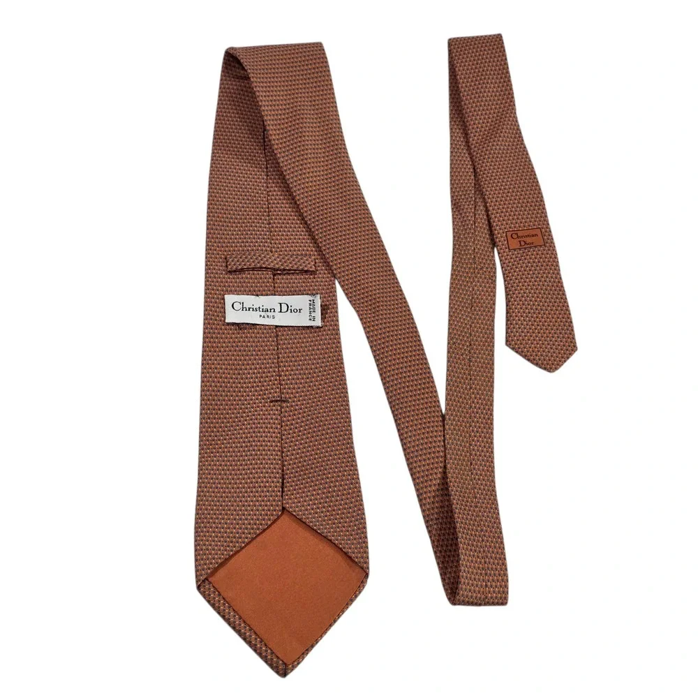 Christian Dior Men Necktie Orange Micro Dot Silk Handmade Floral Designer Formal